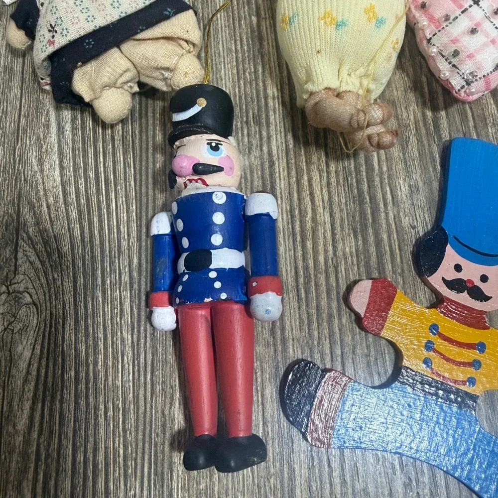 Vintage Christmas Ornament Lot Wood Nutcracker Soft Sculpture Dolls Santa Heart
